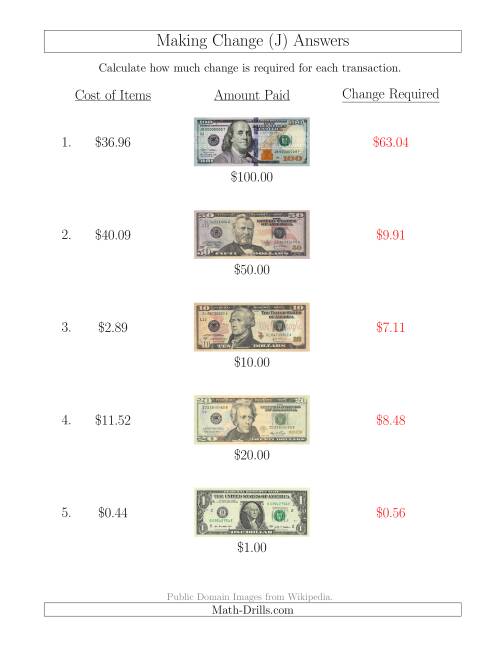 The Making Change from U.S. Bills up to $100 (J) Math Worksheet Page 2