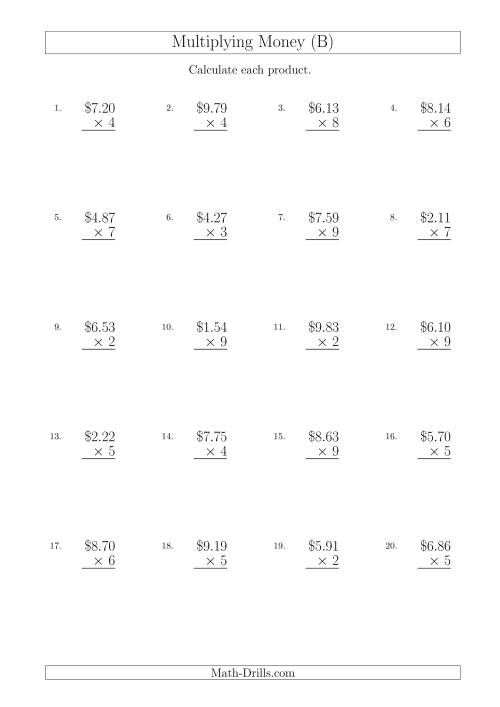 The Multiplying Dollar Amounts in Increments of 1 Cent by One-Digit Multipliers (Australia and New Zealand) (B) Math Worksheet