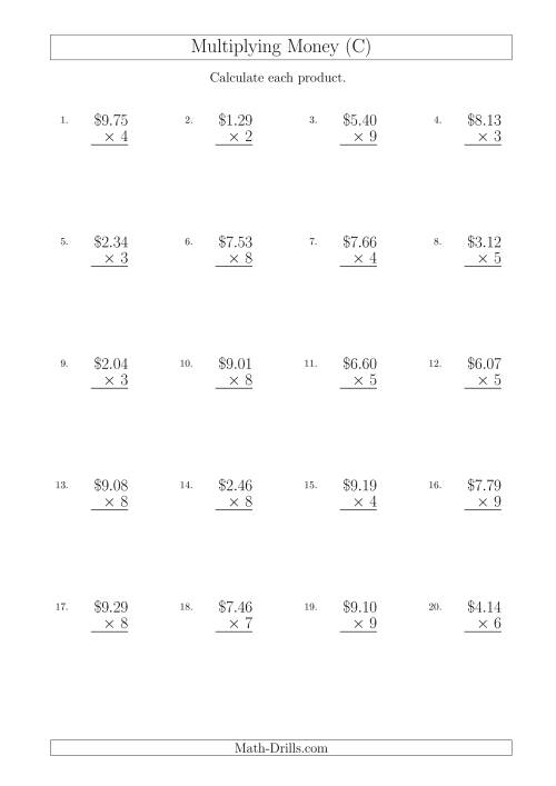 The Multiplying Dollar Amounts in Increments of 1 Cent by One-Digit Multipliers (Australia and New Zealand) (C) Math Worksheet