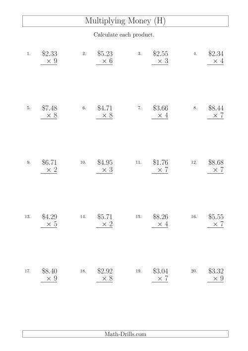 The Multiplying Dollar Amounts in Increments of 1 Cent by One-Digit Multipliers (Australia and New Zealand) (H) Math Worksheet