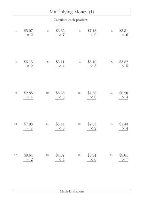 The Multiplying Dollar Amounts in Increments of 1 Cent by One-Digit Multipliers (Australia and New Zealand) (I) Math Worksheet
