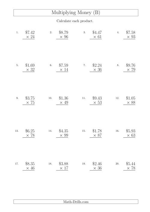 The Multiplying Dollar Amounts in Increments of 1 Cent by Two-Digit Multipliers (Australia and New Zealand) (B) Math Worksheet