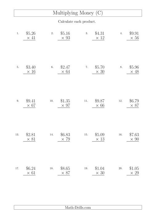 The Multiplying Dollar Amounts in Increments of 1 Cent by Two-Digit Multipliers (Australia and New Zealand) (C) Math Worksheet