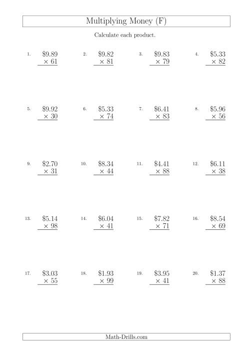 The Multiplying Dollar Amounts in Increments of 1 Cent by Two-Digit Multipliers (Australia and New Zealand) (F) Math Worksheet