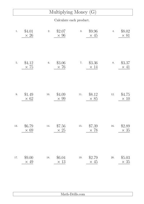 The Multiplying Dollar Amounts in Increments of 1 Cent by Two-Digit Multipliers (Australia and New Zealand) (G) Math Worksheet