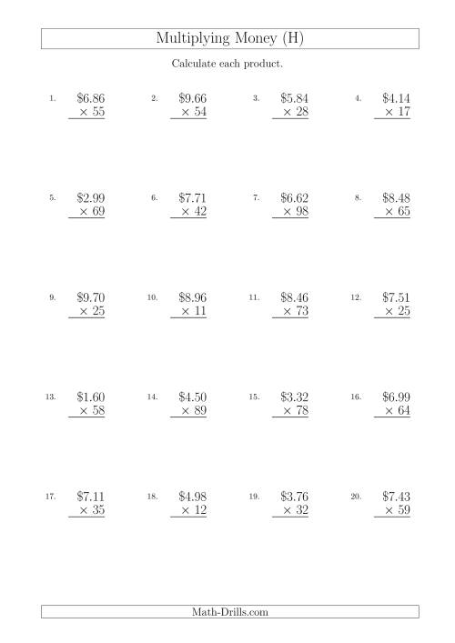 The Multiplying Dollar Amounts in Increments of 1 Cent by Two-Digit Multipliers (Australia and New Zealand) (H) Math Worksheet