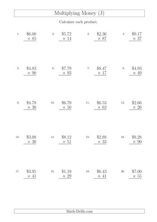 The Multiplying Dollar Amounts in Increments of 1 Cent by Two-Digit Multipliers (Australia and New Zealand) (J) Math Worksheet