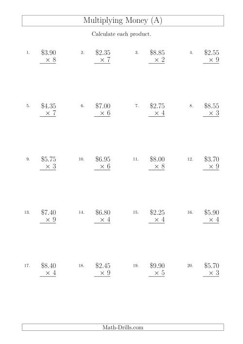 The Multiplying Dollar Amounts in Increments of 5 Cents by One-Digit Multipliers (Australia and New Zealand) (A) Math Worksheet