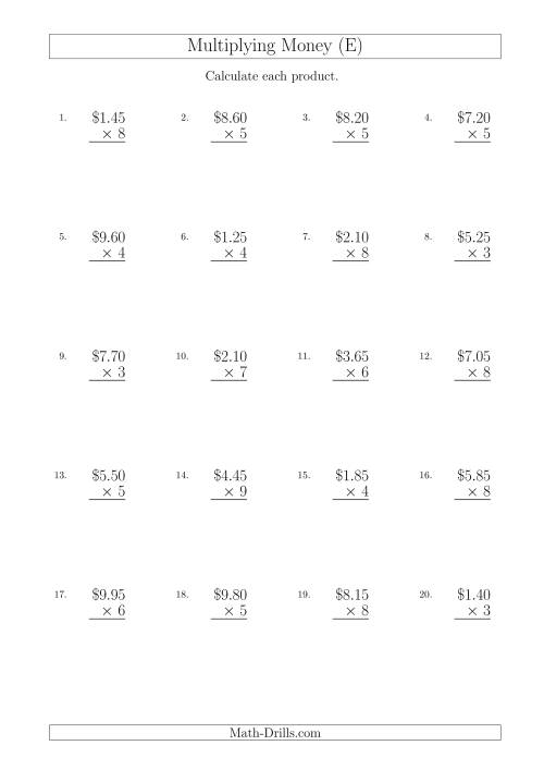 The Multiplying Dollar Amounts in Increments of 5 Cents by One-Digit Multipliers (Australia and New Zealand) (E) Math Worksheet