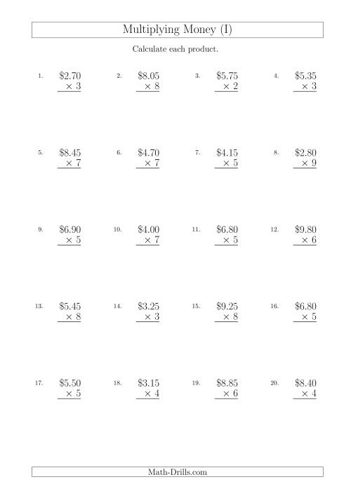 The Multiplying Dollar Amounts in Increments of 5 Cents by One-Digit Multipliers (Australia and New Zealand) (I) Math Worksheet
