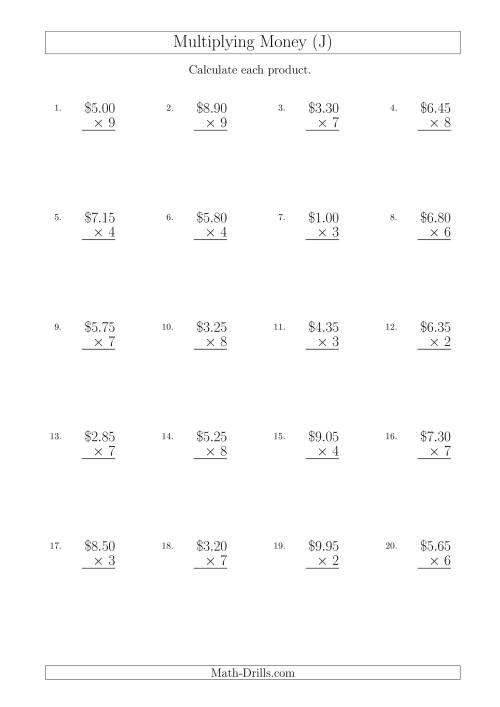 The Multiplying Dollar Amounts in Increments of 5 Cents by One-Digit Multipliers (Australia and New Zealand) (J) Math Worksheet