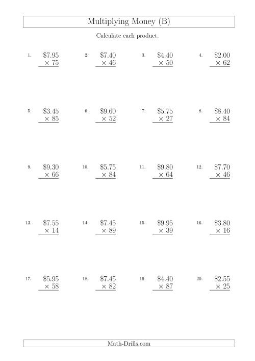 The Multiplying Dollar Amounts in Increments of 5 Cents by Two-Digit Multipliers (Australia and New Zealand) (B) Math Worksheet