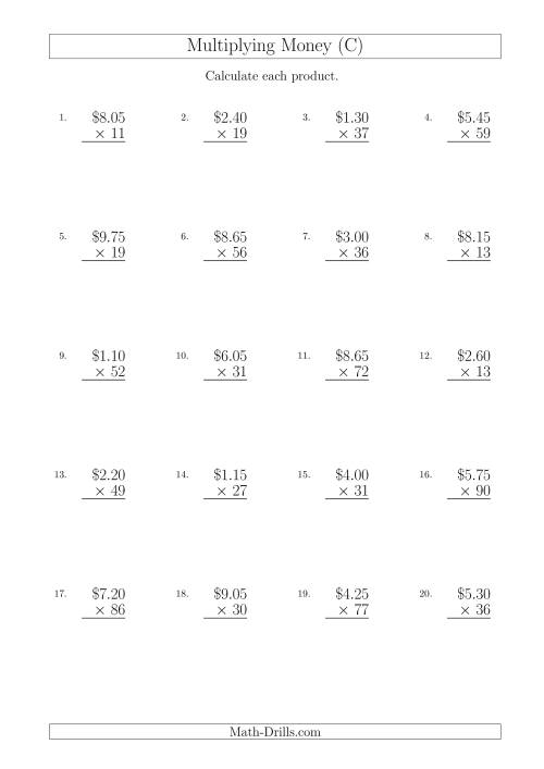 The Multiplying Dollar Amounts in Increments of 5 Cents by Two-Digit Multipliers (Australia and New Zealand) (C) Math Worksheet