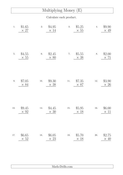 The Multiplying Dollar Amounts in Increments of 5 Cents by Two-Digit Multipliers (Australia and New Zealand) (E) Math Worksheet