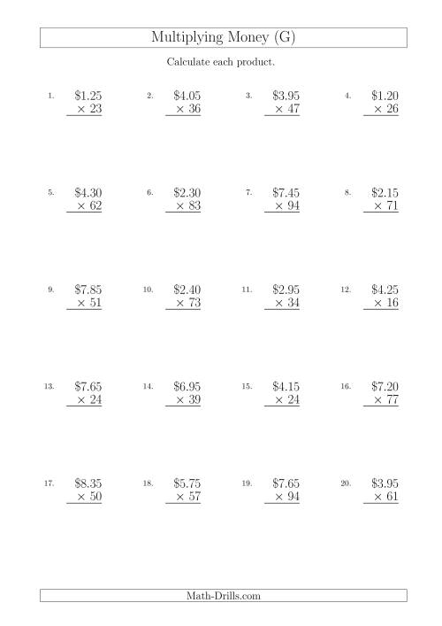 The Multiplying Dollar Amounts in Increments of 5 Cents by Two-Digit Multipliers (Australia and New Zealand) (G) Math Worksheet