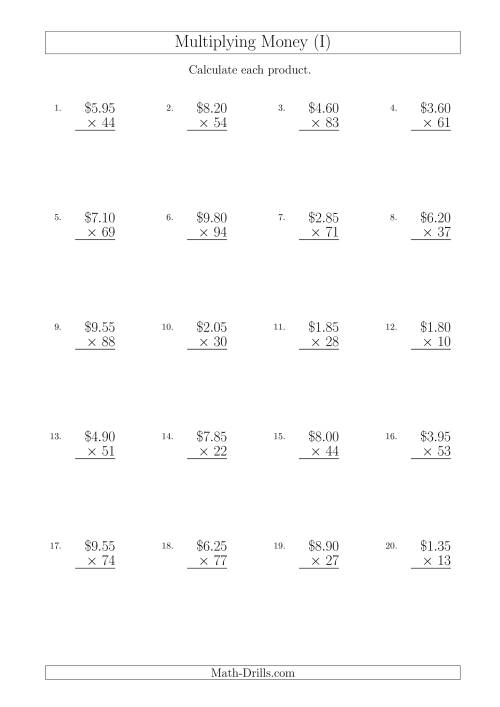 The Multiplying Dollar Amounts in Increments of 5 Cents by Two-Digit Multipliers (Australia and New Zealand) (I) Math Worksheet