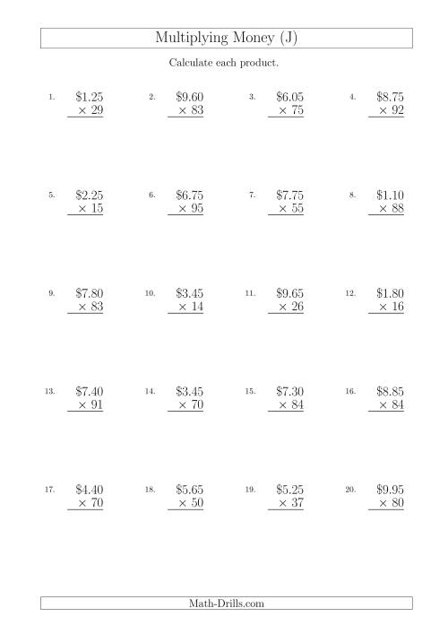 The Multiplying Dollar Amounts in Increments of 5 Cents by Two-Digit Multipliers (Australia and New Zealand) (J) Math Worksheet