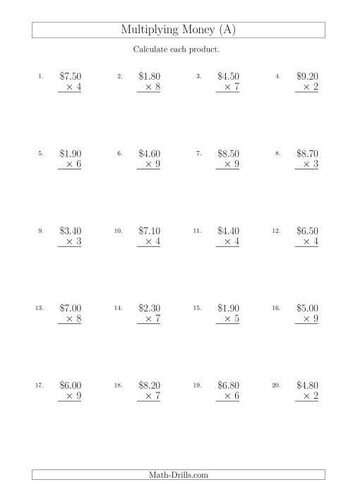 The Multiplying Dollar Amounts in Increments of 10 Cents by One-Digit Multipliers (Australia and New Zealand) (A) Math Worksheet