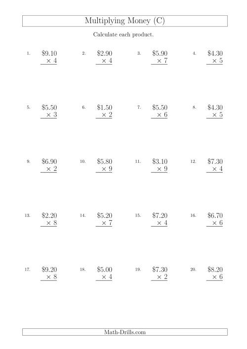 The Multiplying Dollar Amounts in Increments of 10 Cents by One-Digit Multipliers (Australia and New Zealand) (C) Math Worksheet