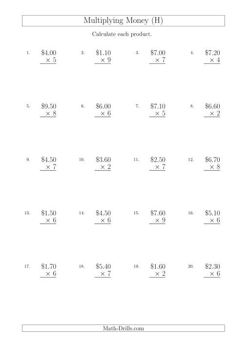 The Multiplying Dollar Amounts in Increments of 10 Cents by One-Digit Multipliers (Australia and New Zealand) (H) Math Worksheet