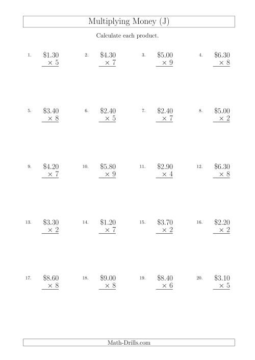 The Multiplying Dollar Amounts in Increments of 10 Cents by One-Digit Multipliers (Australia and New Zealand) (J) Math Worksheet