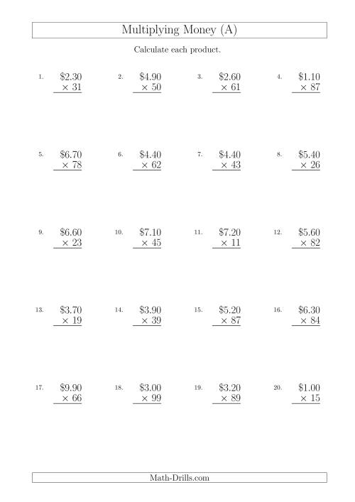 The Multiplying Dollar Amounts in Increments of 10 Cents by Two-Digit Multipliers (Australia and New Zealand) (A) Math Worksheet