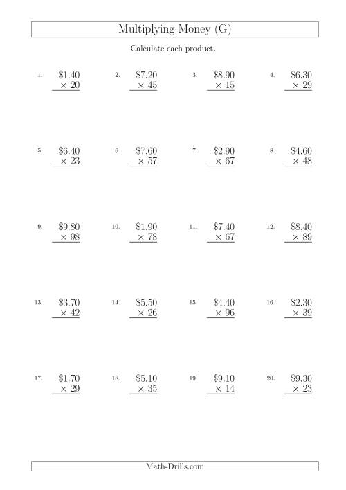 The Multiplying Dollar Amounts in Increments of 10 Cents by Two-Digit Multipliers (Australia and New Zealand) (G) Math Worksheet