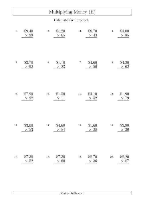 The Multiplying Dollar Amounts in Increments of 10 Cents by Two-Digit Multipliers (Australia and New Zealand) (H) Math Worksheet