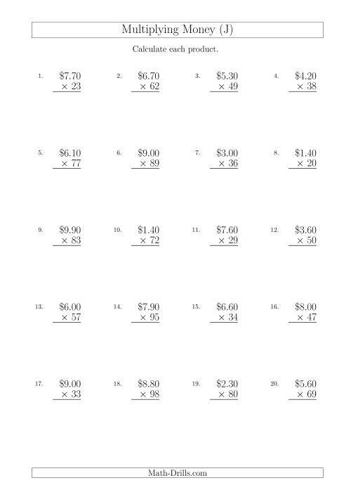 The Multiplying Dollar Amounts in Increments of 10 Cents by Two-Digit Multipliers (Australia and New Zealand) (J) Math Worksheet