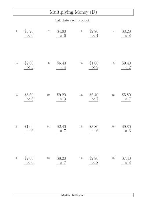The Multiplying Dollar Amounts in Increments of 20 Cents by One-Digit Multipliers (Australia and New Zealand) (D) Math Worksheet