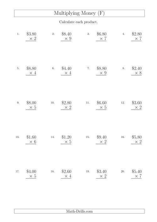 The Multiplying Dollar Amounts in Increments of 20 Cents by One-Digit Multipliers (Australia and New Zealand) (F) Math Worksheet