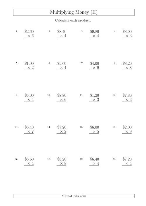 The Multiplying Dollar Amounts in Increments of 20 Cents by One-Digit Multipliers (Australia and New Zealand) (H) Math Worksheet