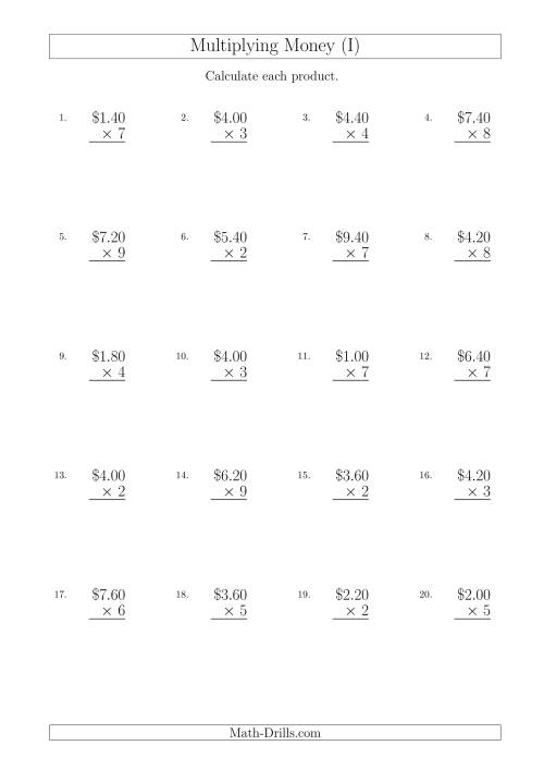 The Multiplying Dollar Amounts in Increments of 20 Cents by One-Digit Multipliers (Australia and New Zealand) (I) Math Worksheet