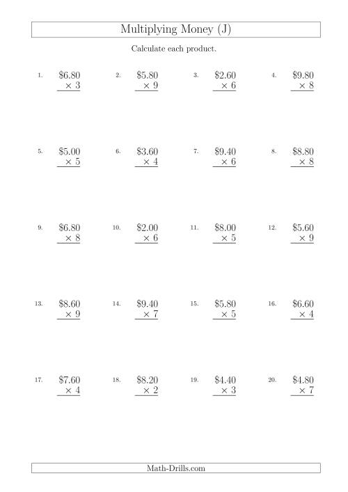The Multiplying Dollar Amounts in Increments of 20 Cents by One-Digit Multipliers (Australia and New Zealand) (J) Math Worksheet