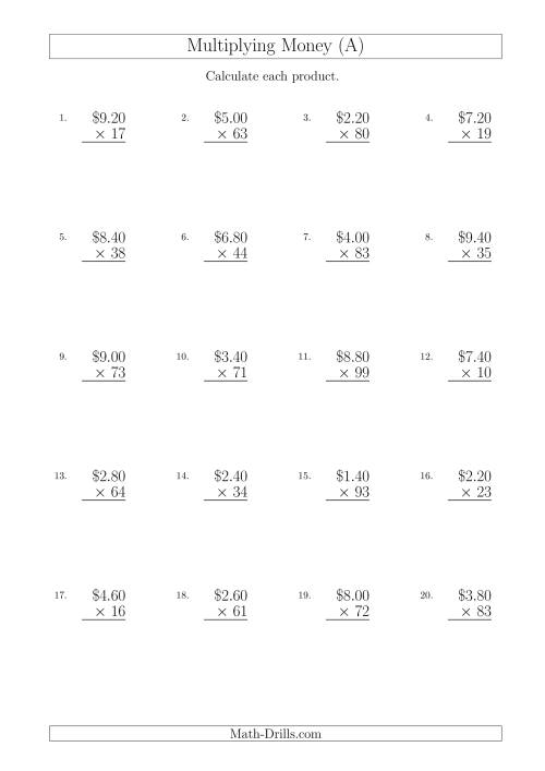 The Multiplying Dollar Amounts in Increments of 20 Cents by Two-Digit Multipliers (Australia and New Zealand) (A) Math Worksheet