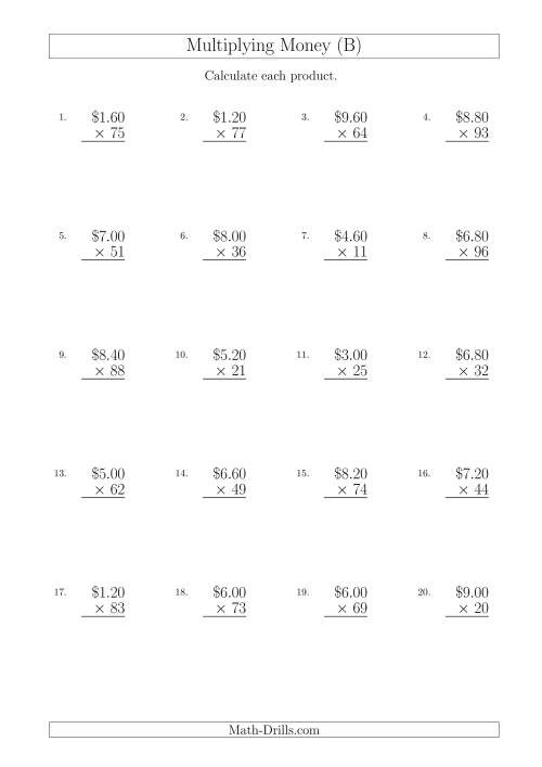 The Multiplying Dollar Amounts in Increments of 20 Cents by Two-Digit Multipliers (Australia and New Zealand) (B) Math Worksheet
