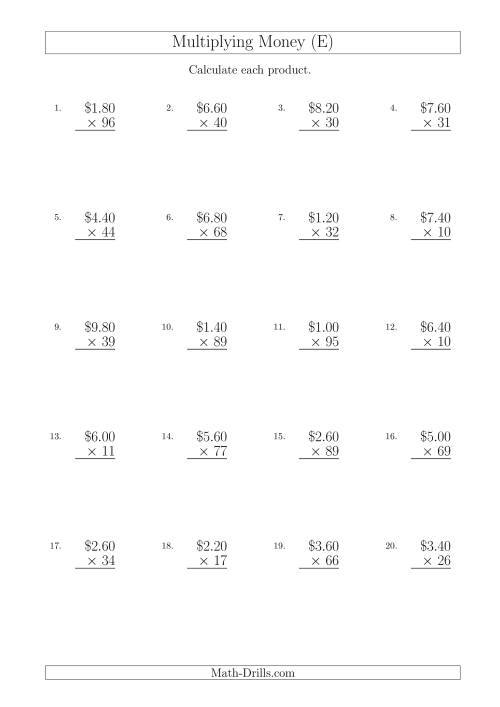 The Multiplying Dollar Amounts in Increments of 20 Cents by Two-Digit Multipliers (Australia and New Zealand) (E) Math Worksheet