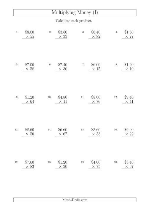 The Multiplying Dollar Amounts in Increments of 20 Cents by Two-Digit Multipliers (Australia and New Zealand) (I) Math Worksheet
