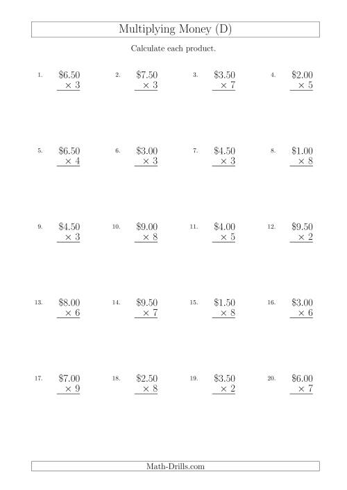 The Multiplying Dollar Amounts in Increments of 50 Cents by One-Digit Multipliers (Australia and New Zealand) (D) Math Worksheet