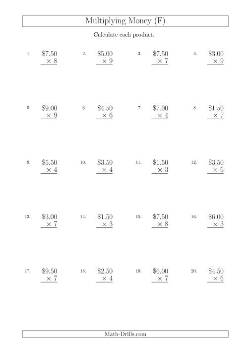 The Multiplying Dollar Amounts in Increments of 50 Cents by One-Digit Multipliers (Australia and New Zealand) (F) Math Worksheet