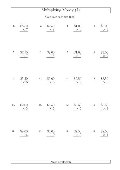 The Multiplying Dollar Amounts in Increments of 50 Cents by One-Digit Multipliers (Australia and New Zealand) (J) Math Worksheet