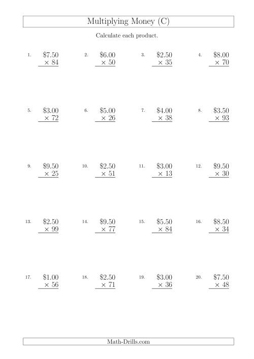 The Multiplying Dollar Amounts in Increments of 50 Cents by Two-Digit Multipliers (Australia and New Zealand) (C) Math Worksheet