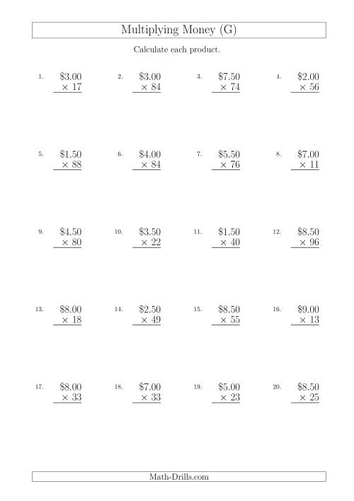 The Multiplying Dollar Amounts in Increments of 50 Cents by Two-Digit Multipliers (Australia and New Zealand) (G) Math Worksheet