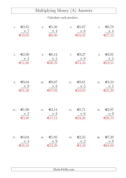 The Multiplying Euro Amounts in Increments of 1 Cent by One-Digit Multipliers (A) Math Worksheet Page 2