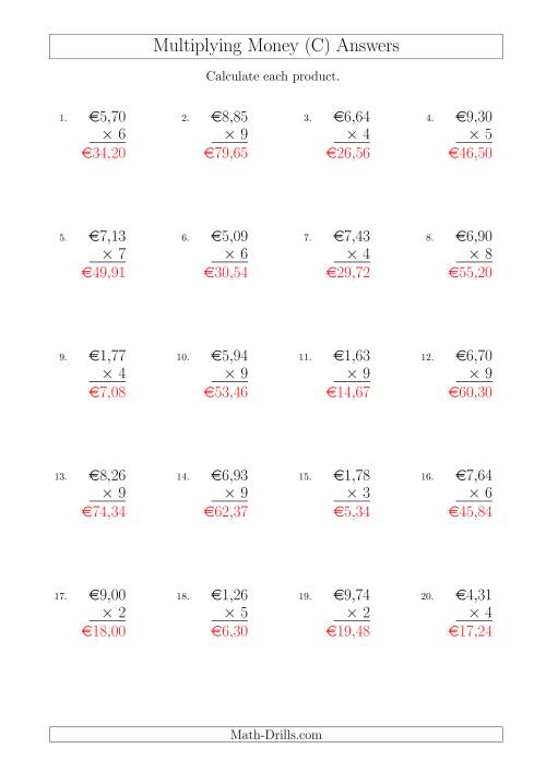 The Multiplying Euro Amounts in Increments of 1 Cent by One-Digit Multipliers (C) Math Worksheet Page 2