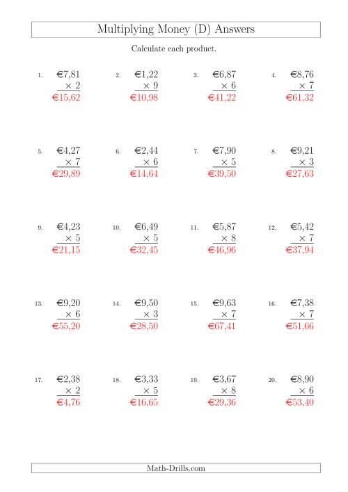 The Multiplying Euro Amounts in Increments of 1 Cent by One-Digit Multipliers (D) Math Worksheet Page 2