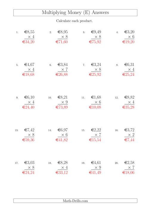 The Multiplying Euro Amounts in Increments of 1 Cent by One-Digit Multipliers (E) Math Worksheet Page 2