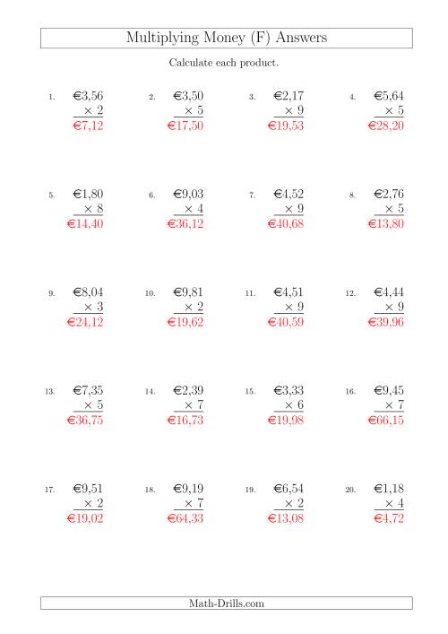 The Multiplying Euro Amounts in Increments of 1 Cent by One-Digit Multipliers (F) Math Worksheet Page 2