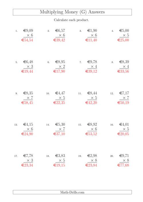 The Multiplying Euro Amounts in Increments of 1 Cent by One-Digit Multipliers (G) Math Worksheet Page 2