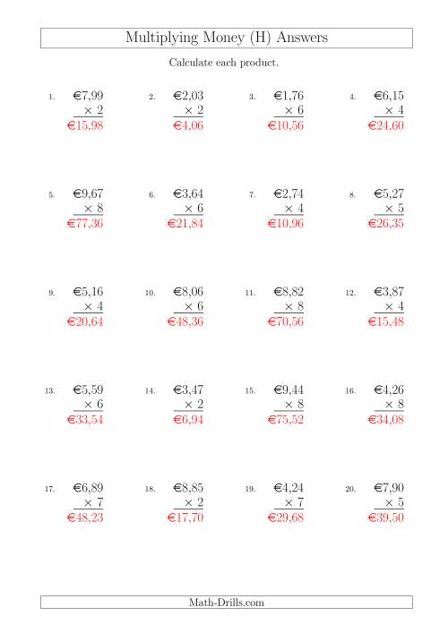 The Multiplying Euro Amounts in Increments of 1 Cent by One-Digit Multipliers (H) Math Worksheet Page 2